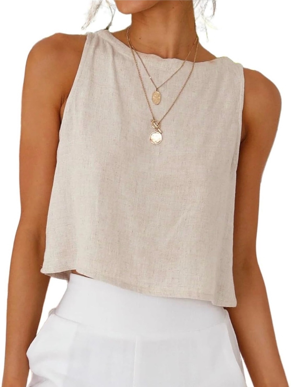 Sleeveless Linen-Blend Crop Tank Top in Beige
